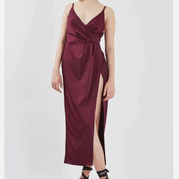 Topshop Burgundy Satin Faux Wrap Thigh Slit Midi Dress 2 Wedding Formal - Picture 1 of 11